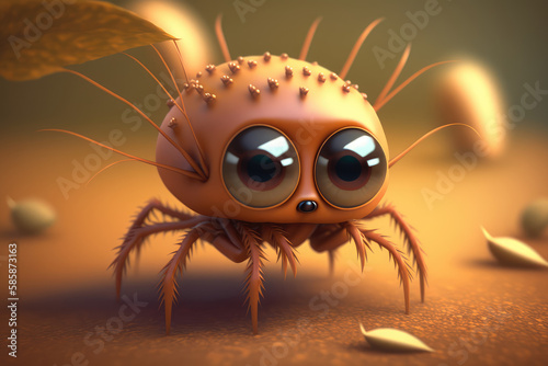 Cute insect cartoon character. Isolated on flat background with copy space. Small spider with hairy legs. 3d render illustration. Generative AI art. © SnowElf