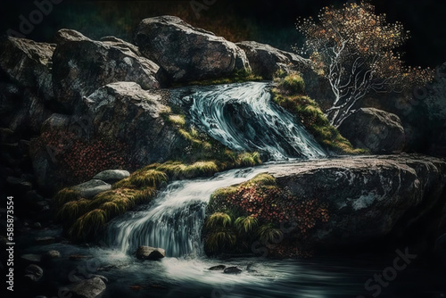 Waterfall with solemn mountain Generative AI
