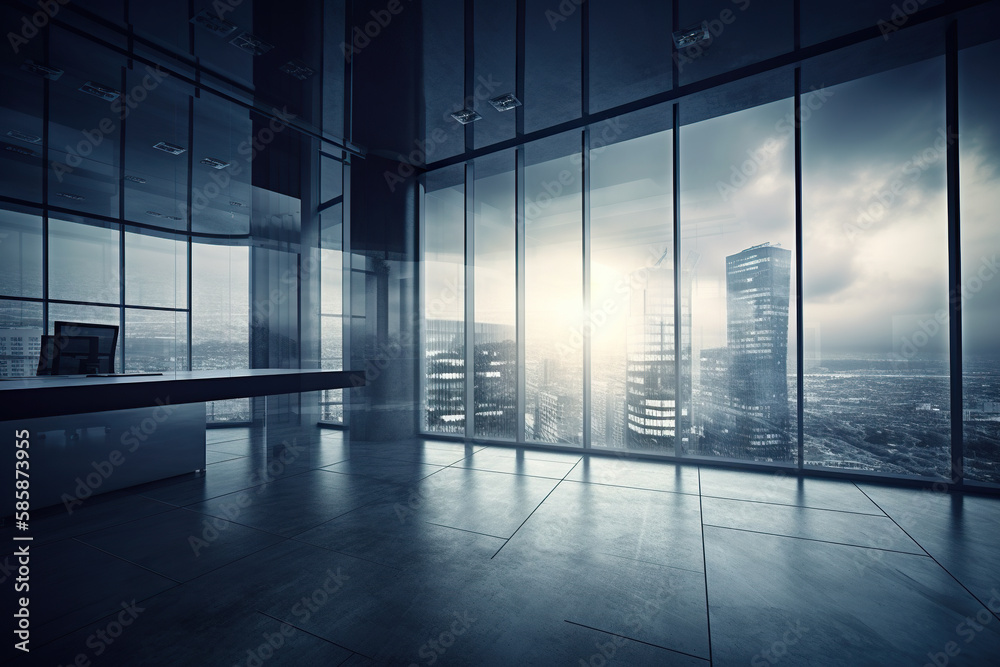 empty office with glass wall and cityscape at background, Generative AI empty office with glass wall and cityscape at background, Generative AI