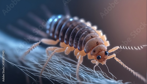 Macro Head lice louse on human hair. AI generation photo