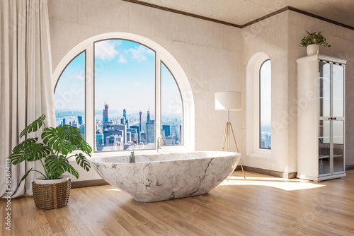 freestanding bath in lightflooded downtown loft apartment; minimalistic interior design; relaxation and spa concept; 3D Illustration photo