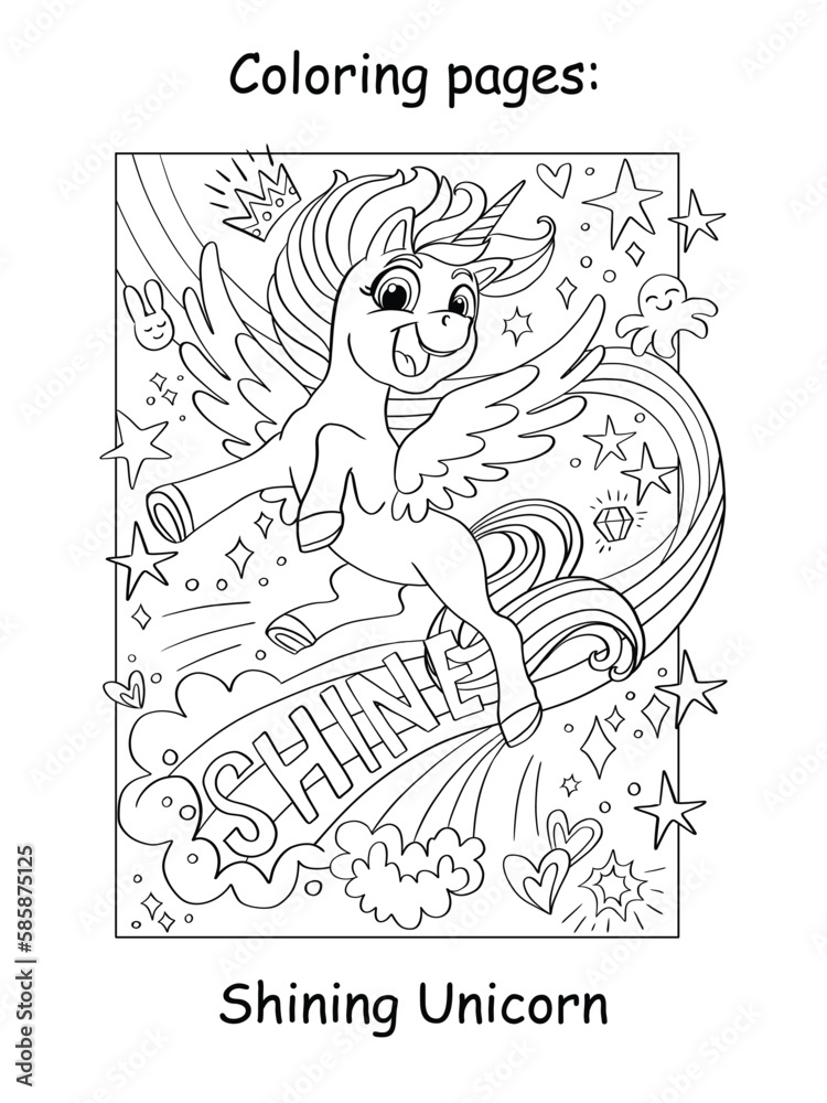 Cute beautiful unicorn with shine coloring book vector