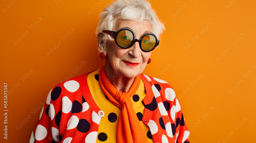 Trendy fashion funny old person in bright colored elegant clothes created with ai generative tools