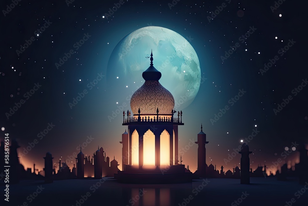 Celebrating Ramadan: Serene Mosque Illuminated by Lamp and Moonlit Sky, Generative AI