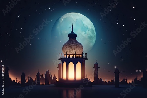 Celebrating Ramadan: Serene Mosque Illuminated by Lamp and Moonlit Sky, Generative AI © AIGen
