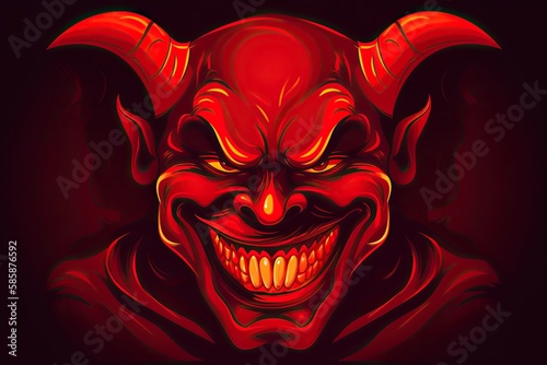 Evil Daemon Lucifer with Horns and Flaming Red Smile: A Devilish Halloween Cartoon Icon: Generative AI