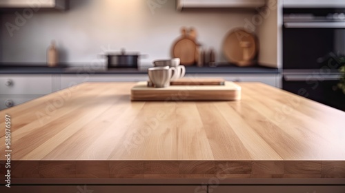 Luxurious Light Wood Table for Create a Perfect New Product Montage - Blurred Modern Wooden Mockup with Beige & Brown Background: Generative AI