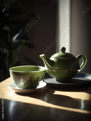 Cup with green tea and teapot. Generative Ai