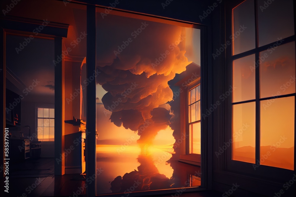 reflection of the sunset in a room with puffs of smoke from the window ...