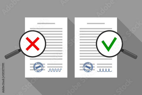 Business documents and magnifiers with green tick and red cross mark