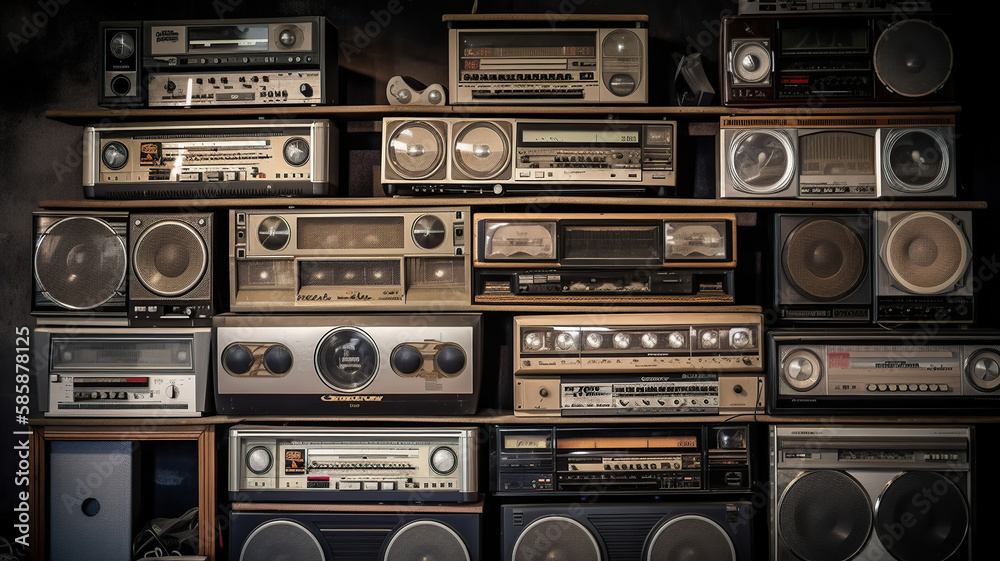 Obraz premium Vintage wall full of radio boombox of the 80s. Generative Ai