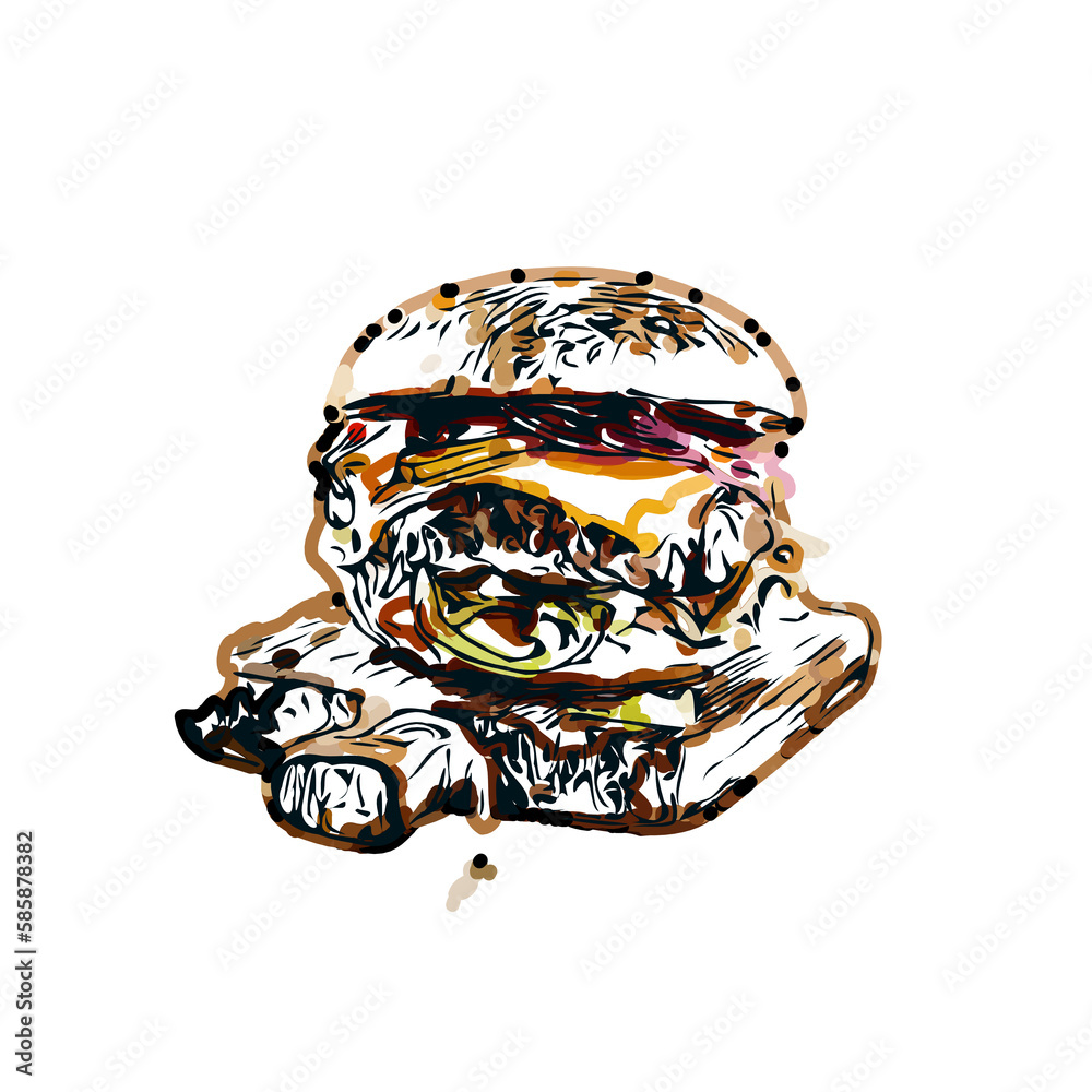  color sketch of Burger with transparent background