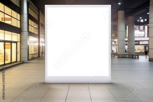 Shopping mall with empty white mockup billboard with copy space area. Generative AI