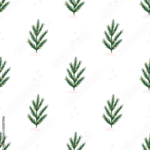 Hand drawn decorated Christmas tree seamless pattern  cartoon flat vector illustration on white background. Fir tree with stars decor and pile of snow. Winter holidays design.