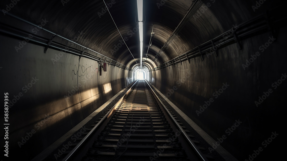 Fototapeta premium Subway tunnel with blurred light tracks with arriving train in the opposite direction. Generative Ai