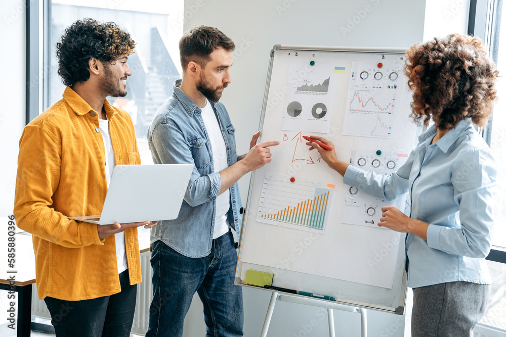 Group of positive multiracial colleagues, stand near whiteboard in modern office, developing and planning strategy, talking about ideas, analyze risks and profit. Group brainstorm in a boardroom