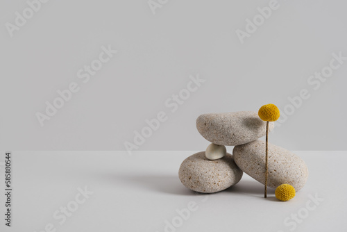 Empty stone podium and yellow flower on light grey background. Eco backdrop. Round natural rock and bloom. Abstract pedestal or showcase. Minimal wabi sabi. Meditation and balance concept. Copy space.