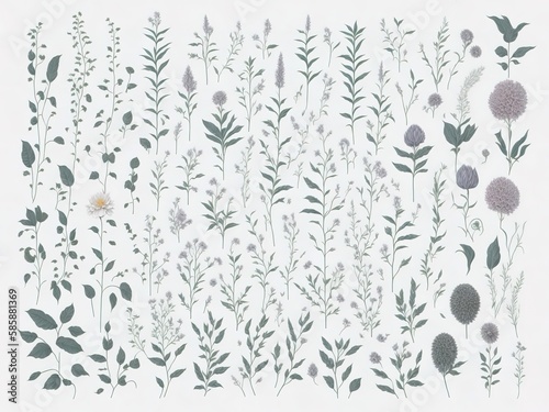 black and white plants and flowers background, illustration pattern vector and ornament. Generative AI