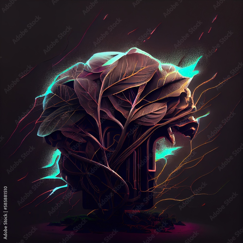 floral brain, flower brain, Human brain anatomy concept made of leaves