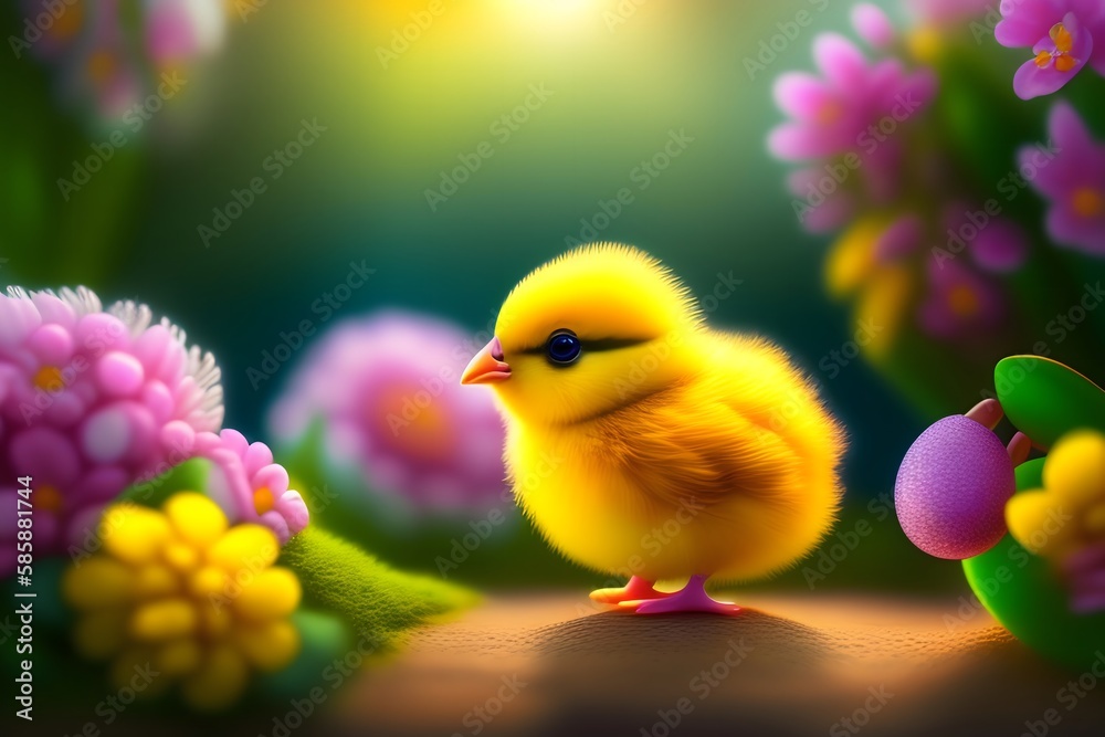 Rendering of Adorable Easter Chick in Nature. Generative AI. 