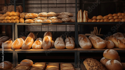 The shelves in the baker shop are lined with a variety of bread loaves. Generative Ai