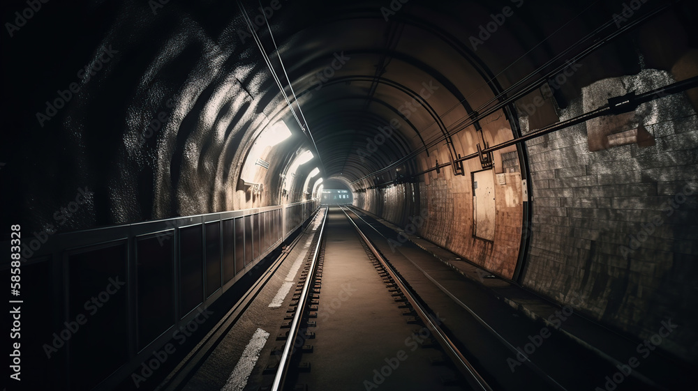 Fototapeta premium Subway tunnel with blurred light tracks with arriving train in the opposite direction. Generative Ai