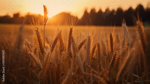 Wheat field. Ears of golden wheat close up. Generative Ai