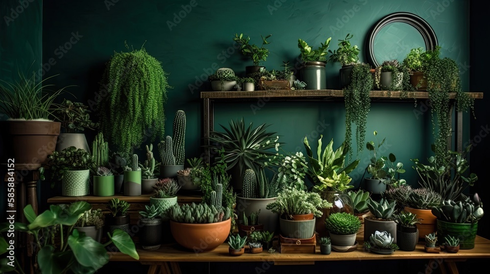 Pots with plants on a table and a green wall Generative AI