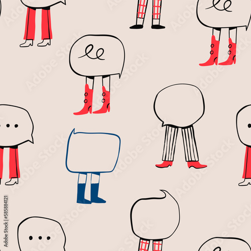 Various Speech Bubbles with legs. Message, texting, typing concept. Cartoon style. Cute characters with speech bubbles instead of bodies. Hand drawn Vector illustration. Square seamless Pattern