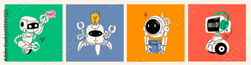 Set of various Robots. Cute artificial robotic characters. Hand drawn Vector illustration. Futuristic retro androids. Cartoon style. Isolated design elements. Delivery, customer service postal concept