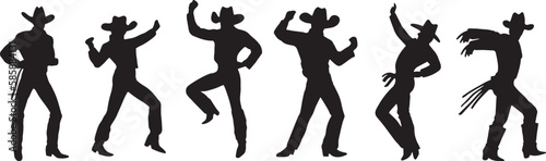 Vector silhouettes of dancing cowboys. Cheerful guys dance in a line