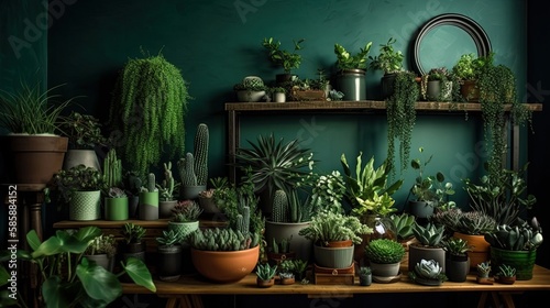 Pots with plants on a table and a green wall Generative AI © Rodolfo