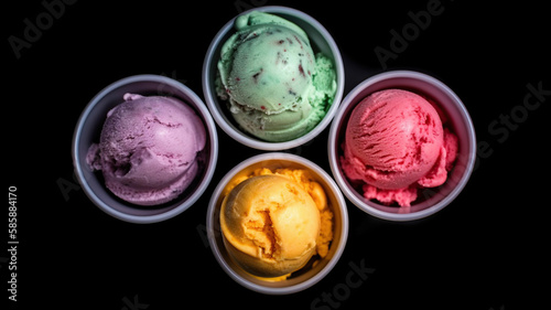 Assorted of scoops ice cream. Colorful set of ice cream of different flavours. Top view of ice cream isolated. Generative Ai