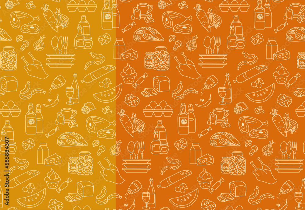 Seamless pattern with groceries, vegetables and fruits on vibrant orange and yellow background. Hand drawn vector illustration.