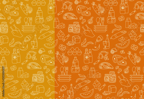 Seamless pattern with groceries, vegetables and fruits on vibrant orange and yellow background. Hand drawn vector illustration.