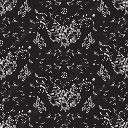 Oriental floral seamless pattern. Black and white vector illustration. © irocket