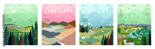 Beautiful countryside, nature and landscape. Vector illustration of mountains, trees, plants, fields and farms. Editable work for cover or card designs.