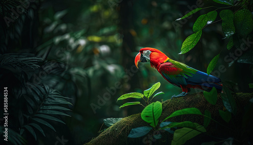 Tropical scene with a majestic parrot sitting against a background of green foliage