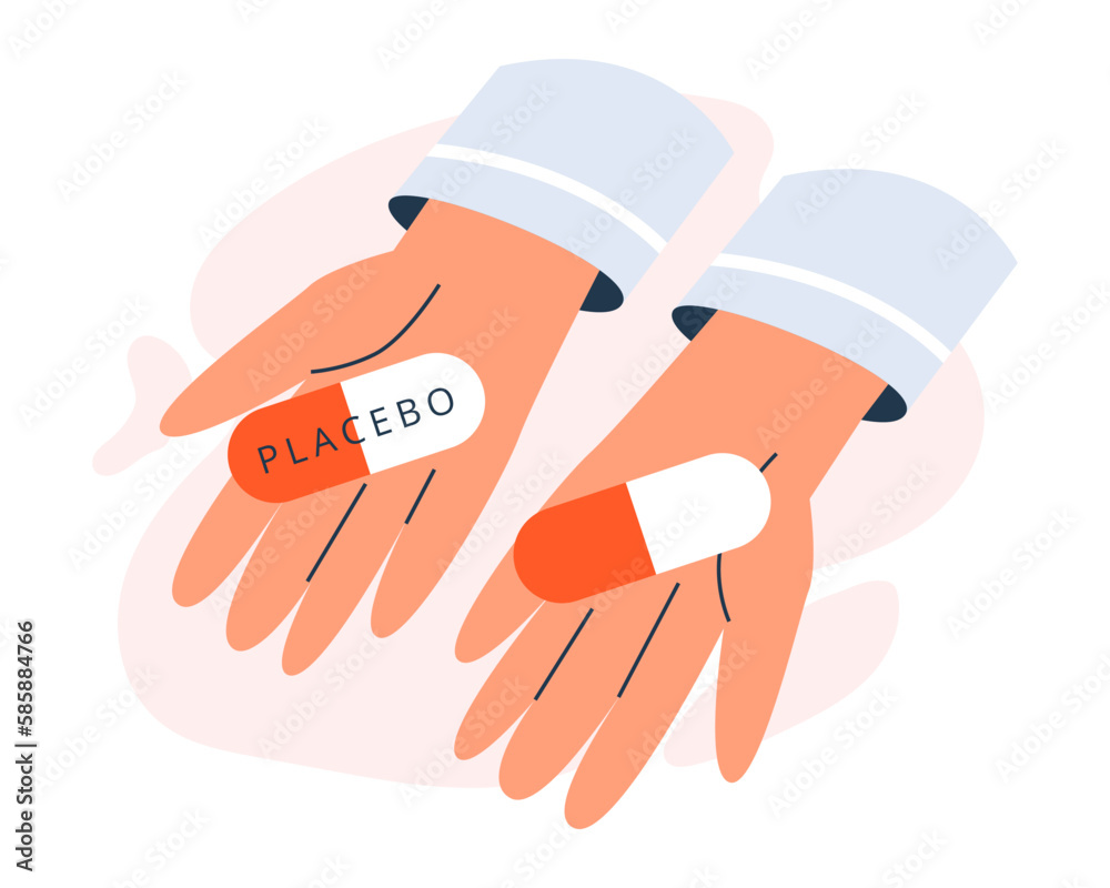 Choice between placebo and real drug, pills in hands, flat vector illustration isolated on white background. - obrazy, fototapety, plakaty 