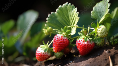 Ripe strawberries growing. AI