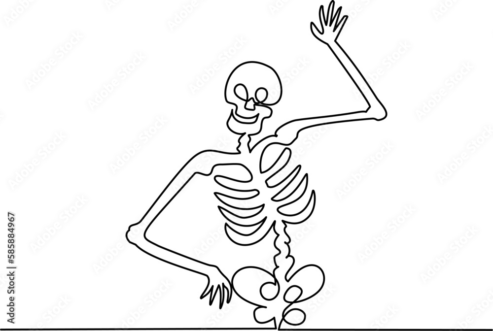 human skeleton waving in greeting. Continuous one line drawing