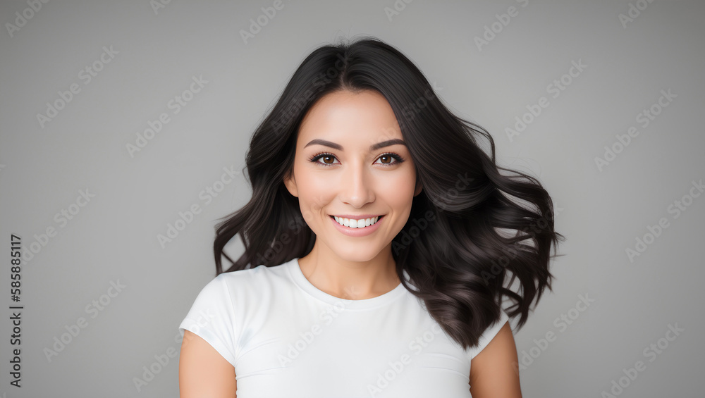 Young smiling woman portrait with dark hair and white top. Isolated on grey background. Copy space. Generative AI Young smiling woman portrait with dark hair and white top. Isolated on grey background. Copy space. Generative AI