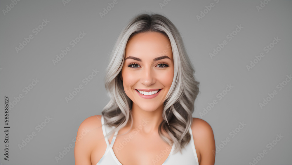 Portrait of beautiful young woman with grey hair and white top. Cleavage. Model studio shot. Copy space. Generative AI Portrait of beautiful young woman with grey hair and white top. Cleavage. Model studio shot. Copy space. Generative AI