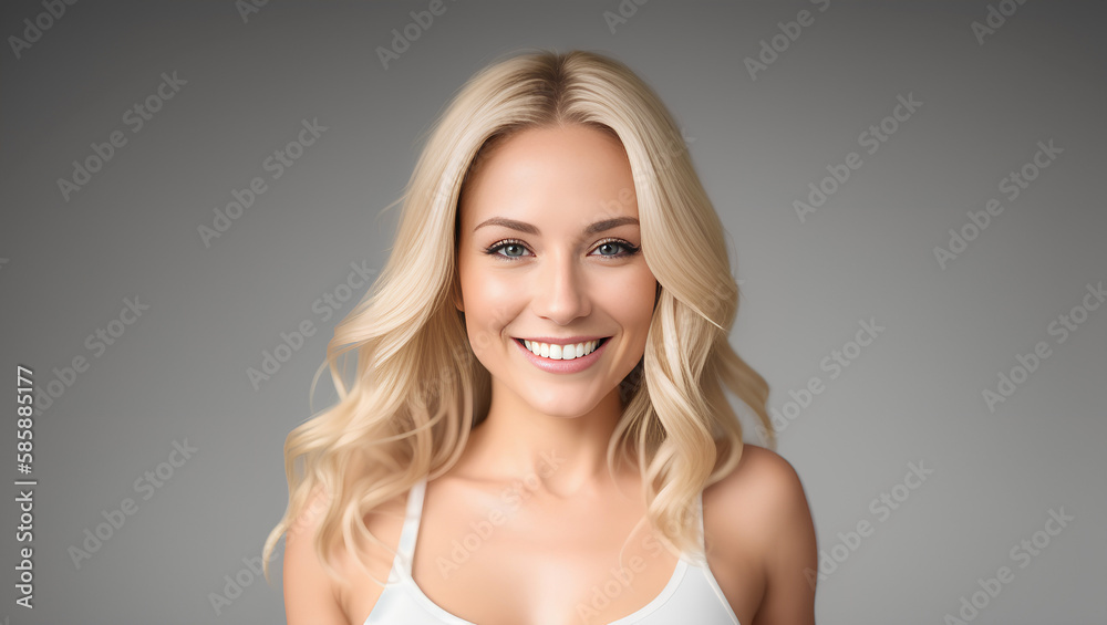 Obraz premium Young mature smiling woman portrait with blond hair and white top. Isolated on grey background. Copy space. Generative AI