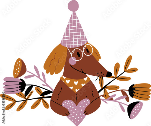 Vector illustration with dog and flowers.