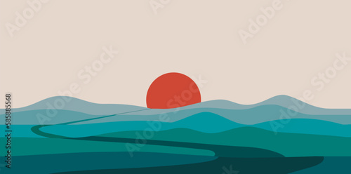 Curved road stretching beyond the horizon and the setting sun. Red sun behind blue and green mountains with clear sky. Vector illustration.