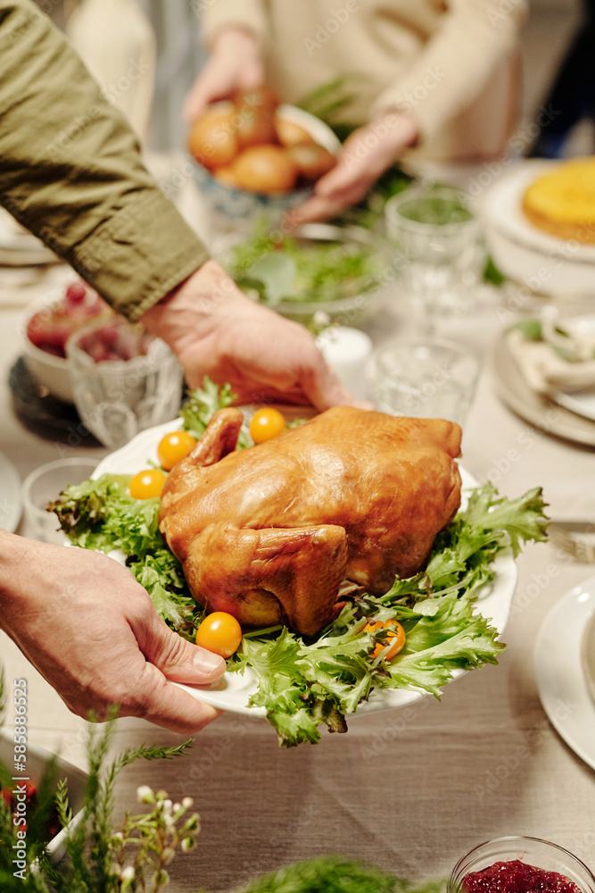 Young man holding plate with roasted turkey and fresh vegetables while putting it on table served with homemade food for family dinner