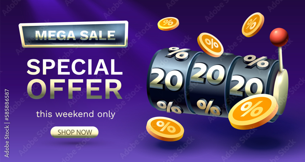 Casino slots mega sale 20 off banner, promotion flyer, Special offer. Vector illustration