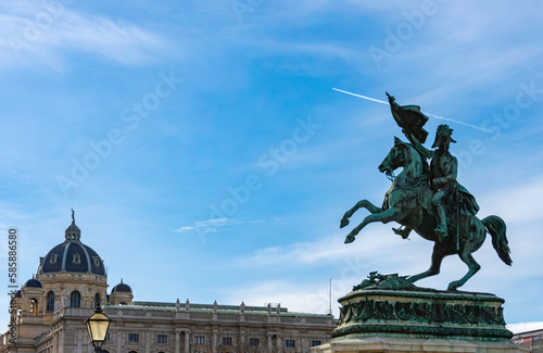 Equestrian statue of Archduke Charles (Erzherzog Karl) with Naturhistorisches Museum on the background. Located in Heldenplatz square, Vienna, Austria.