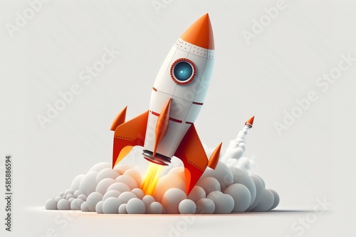 Rocket launch illustration. Business or project startup banner concept. Rocket start concept. Spaceship takes off. Generative AI